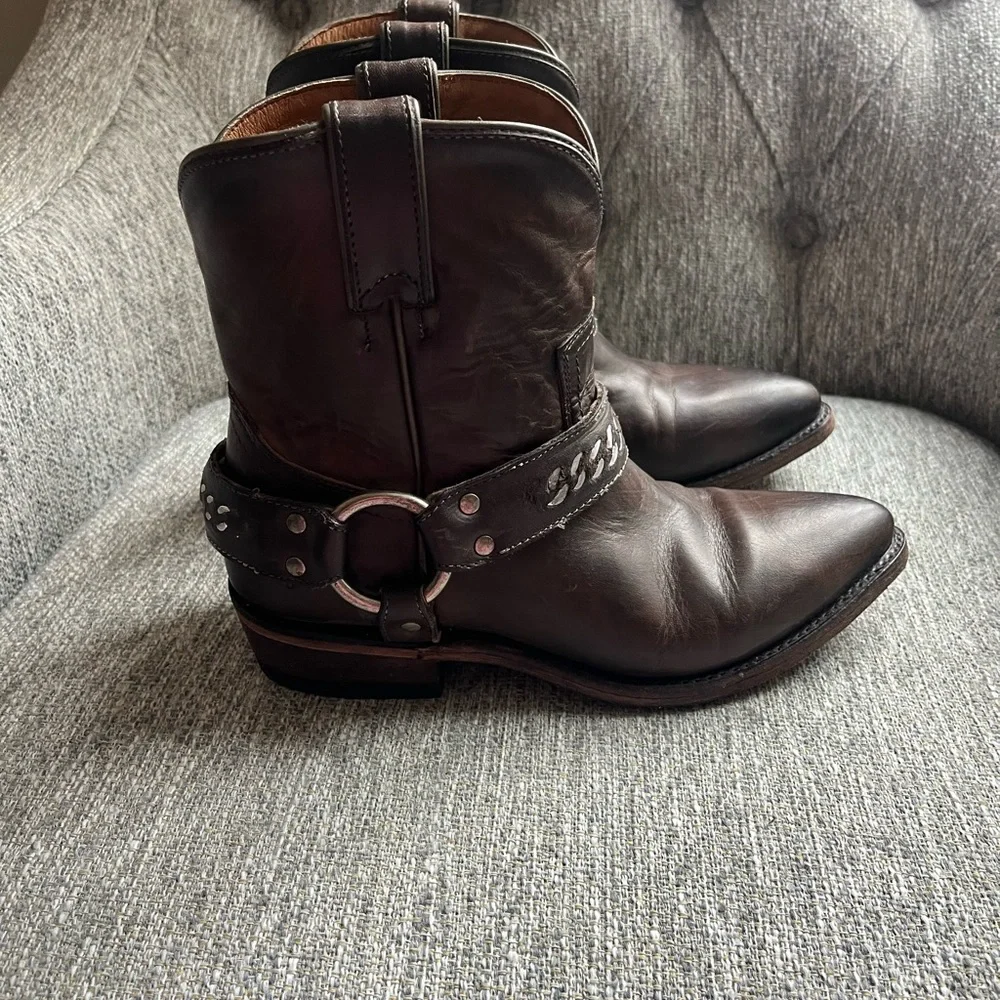 Frye Dark Brown Leather Ankle Boots with Strap Detail